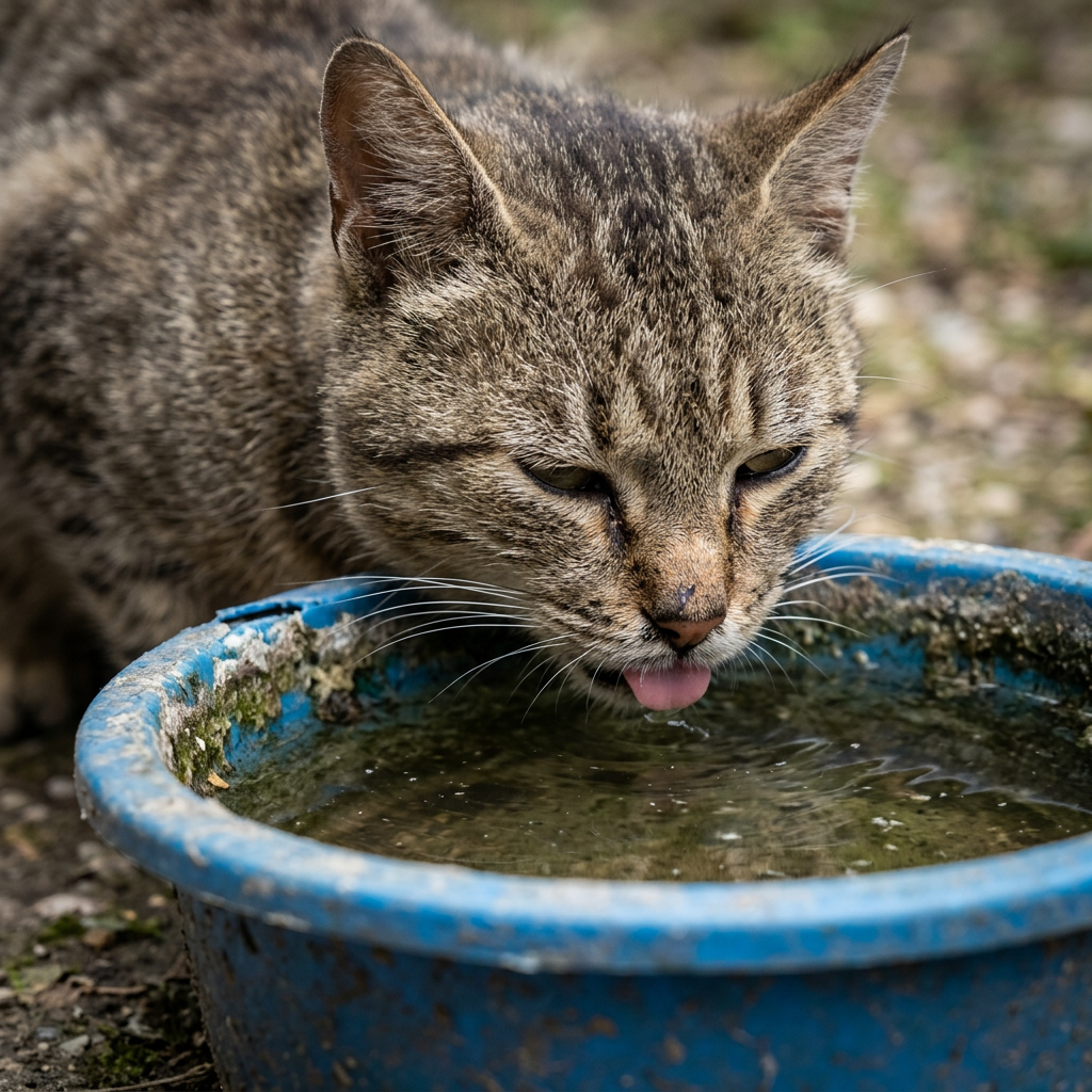 Close up cat drinking from dirty bowl