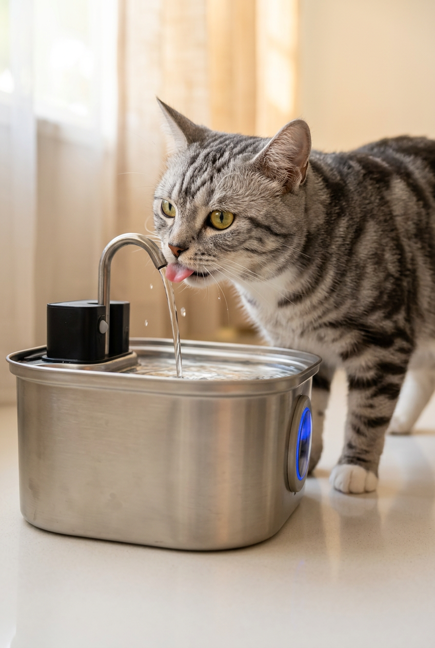 Realistic grey tabby drinking from wireless HydroPaws fountain